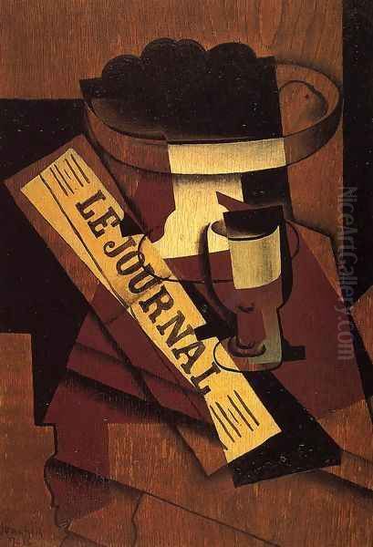 Fruit Dish, Glass and Newspaper Oil Painting by Juan Gris