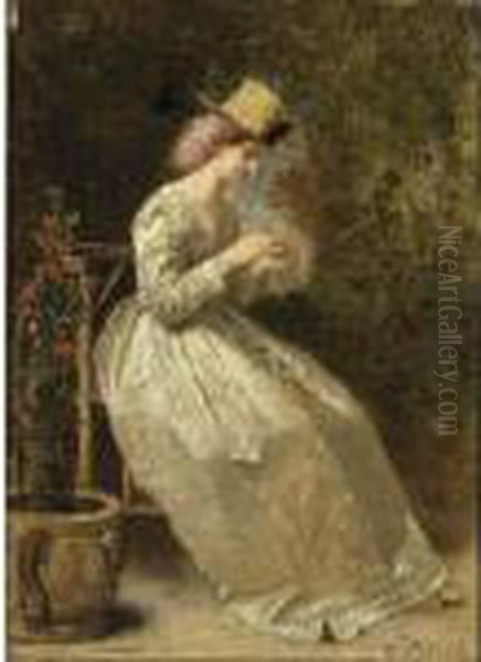 A Seated Lady In A Flower Garden, Wearing A White Satin Dress Oil Painting by Florent Willems