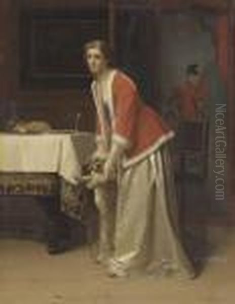 An Elegant Lady With Her Dog In An Interior Oil Painting by Florent Willems