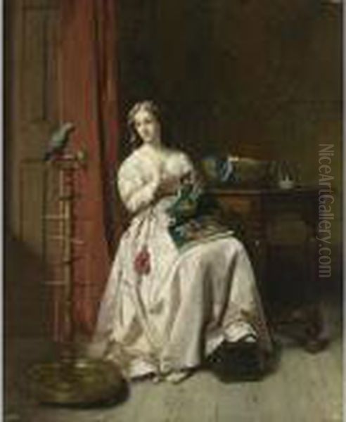 An Elegant Lady With A Parrot Oil Painting by Florent Willems