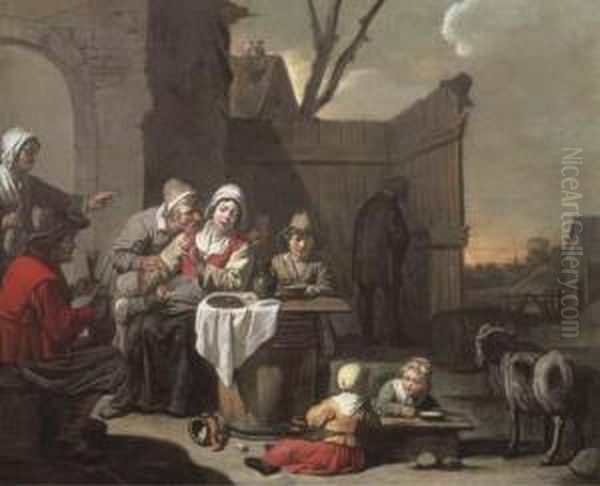 The Courtyard Of A Country Inn With Peasants Eating And Drinking Oil Painting by Abraham Willemsens