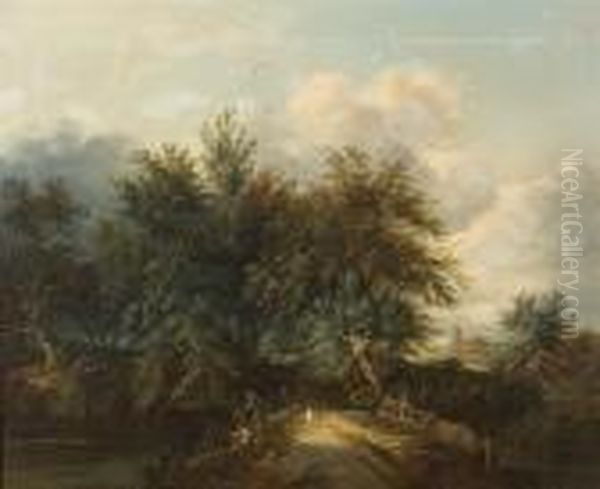 A Wooded Landscape With Anglers Oil Painting by Edward Jr Williams