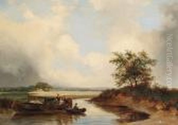 Figures In A Barge On A River Oil Painting by Edward Jr Williams