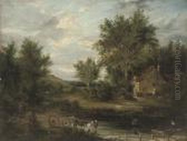 A Wooded River Landscape With Figures In The Foreground, A Cottage Beyond Oil Painting by Edward Jr Williams