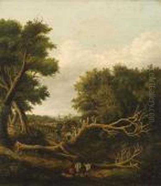 Figures Before A Fallen Tree In Alandscape Oil Painting by Edward Jr Williams