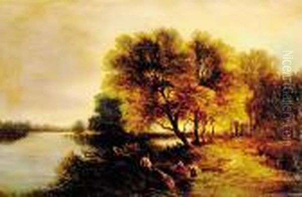 Children On Riverbank At Twilight Oil Painting by Edward Jr Williams