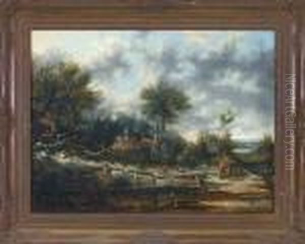 Angler Vor Einem Gehoft Am 
Waldrand In Weiter Bewolkter Landschaft, Rechts Eine Wanderin Mit Kind 
Und Hund Oil Painting by Edward Jr Williams