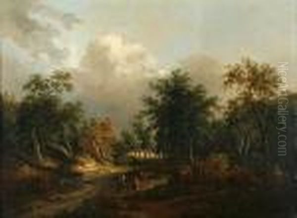 Wooded Landscape With Figures By A Stream And Cottage Beyond Oil Painting by Edward Jr Williams