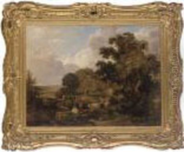 Figures And Cattle On A Country Road Oil Painting by Edward Jr Williams