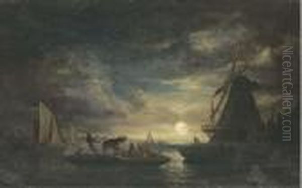 Cattle On A Barge In A Moonlit 
Landscape; And Cattle And Sheep In Amoonlit Estuary Landscape Oil Painting by Edward Jr Williams