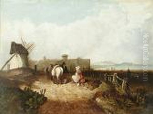 Figures And Horses By A Windmill, With A Walled Fortress Beyond Oil Painting by Edward Jr Williams