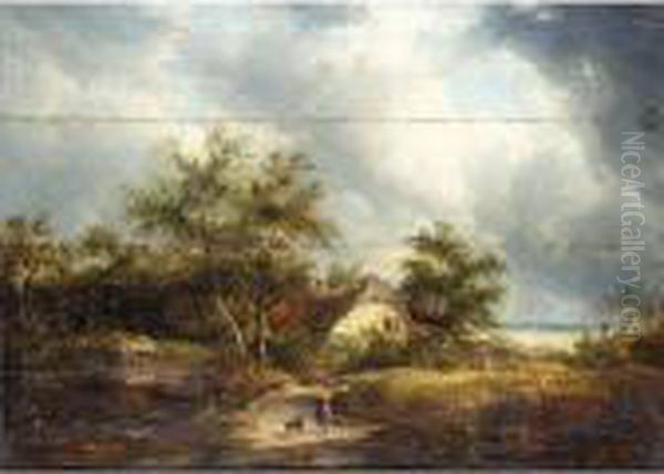 Figures In Front Of A Cottage Oil Painting by Edward Jr Williams