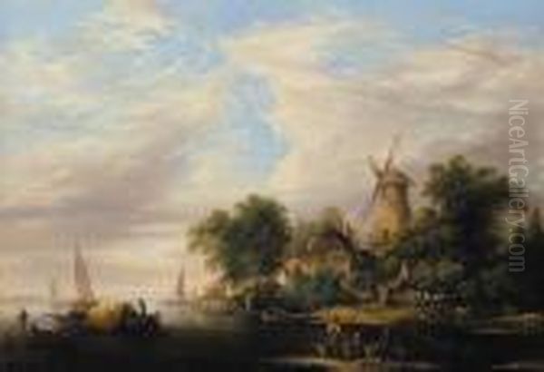 A River Estuary With A Windmill 
And Cottages, Boats In The Foreground And Cattle Watering At The River 
Edge Oil Painting by Edward Jr Williams