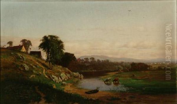 New England River Landscape With Cows And Sheep Oil Painting by Frederick Dickinson Williams