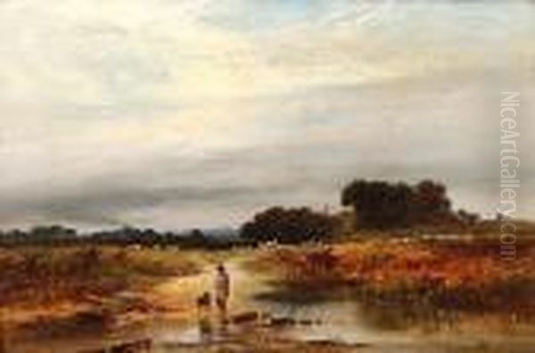 Man And His Dog Fording A Stream, Clipstone Oil Painting by George Augustus Williams