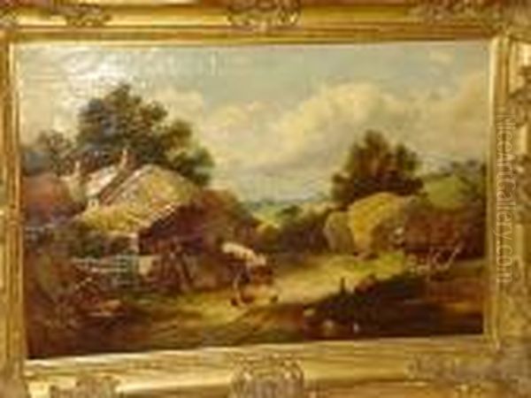 Farmyard Scene With Cattle In A Barn, Andfigures Sat By Haystacks Oil Painting by George Augustus Williams