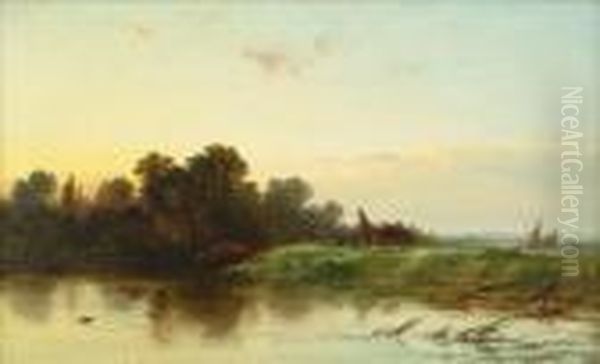 A Figure And Horses Walking Beside A River Oil Painting by George Augustus Williams