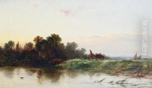 A Figure And Horses Walking Beside A River Oil Painting by George Augustus Williams