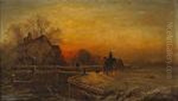 An Old Lock On The Wey, Winter Oil Painting by George Augustus Williams