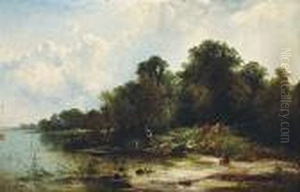 A River Scene With Figures Fishing In A Skiffin The Foreground Oil Painting by George Augustus Williams