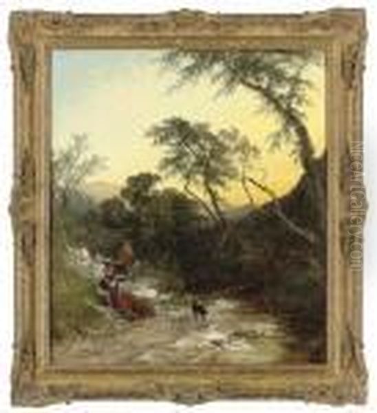 Figures Resting Beside A Stream Oil Painting by George Augustus Williams