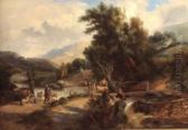 Sheep Dipping In A Welsh Landscape Oil Painting by George Augustus Williams