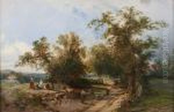 Wooded Landscape With Figures Resting Beneath A Tree Oil Painting by George Augustus Williams