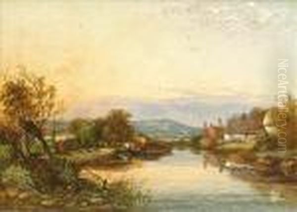 A River Landscape Oil Painting by George Augustus Williams