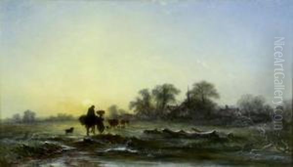 A Winters Evening With Figures, Cattle And Sheep In Theforeground Oil Painting by George Augustus Williams