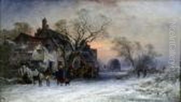 A Snowy Evening Near Nutfield, Kent Oil Painting by George Augustus Williams