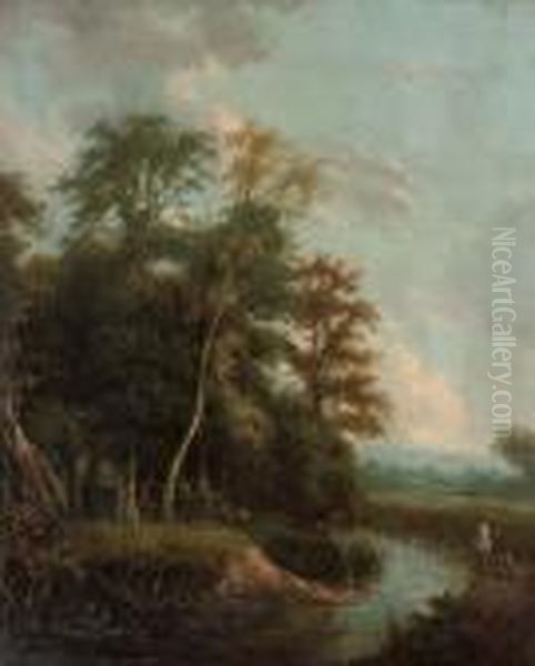 Anglers On A River Bank In An Evening Landscape Oil Painting by George Augustus Williams