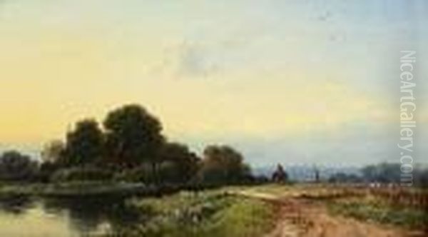 River Landscape With Horse Drawing A Barge On A Tow Path Oil Painting by George Augustus Williams