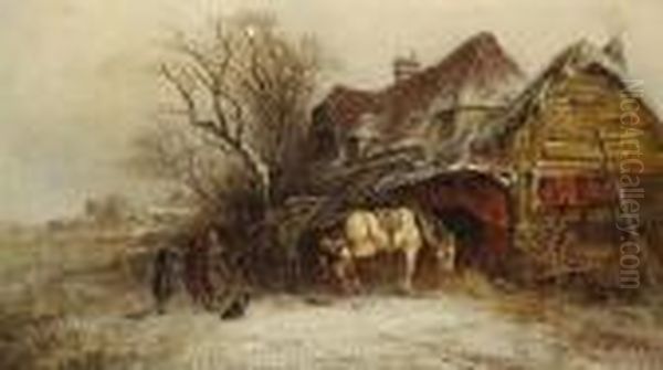 A Blacksmith's Forge In A Winter Landscape Oil Painting by George Augustus Williams