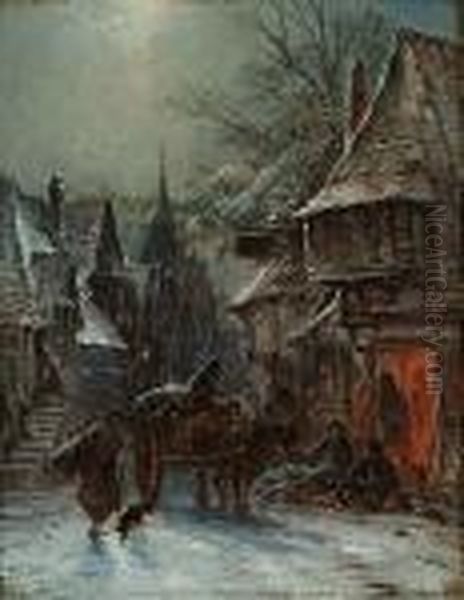 A Moonlit Winter Street Scene Oil Painting by George Augustus Williams