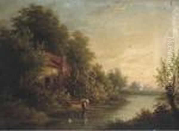 Figures By A Cottage In A River Landscape; And A Goatherd On Awooded Track Oil Painting by George Augustus Williams