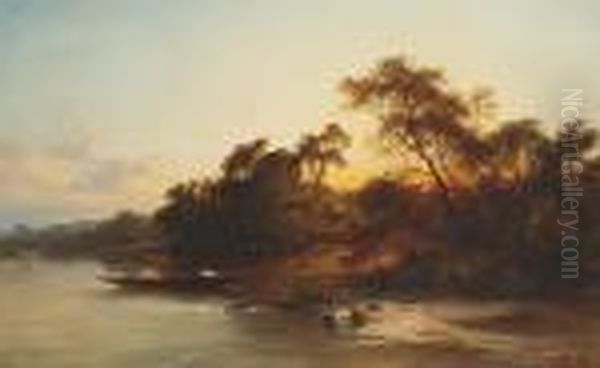 A Bend In The River At Dusk Oil Painting by George Augustus Williams