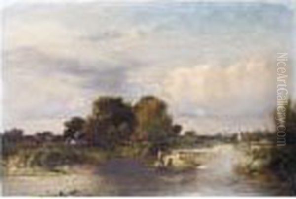 Hay Barge On The Norfolk Broads Oil Painting by George Augustus Williams