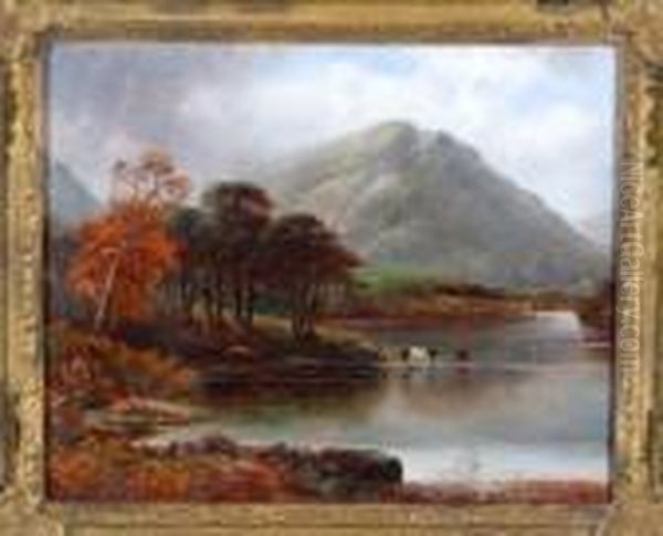 Highland Cattle By The Shore Of A Loch Oil Painting by Graham Williams