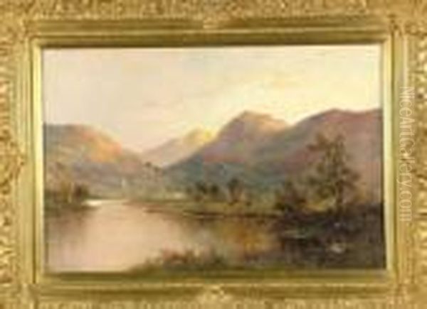 A Highland Glen With Cattle And A
 Cottage By A River In The Foreground And Late Afternoon Sun On The 
Hills Beyond Oil Painting by Graham Williams