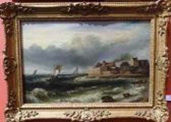 Fishing Boats In A Squall Off A Coastline Oil Painting by Harry Williams