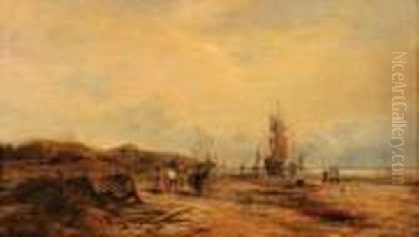 Extensive Coastal Scene With Fisher Folk And Boats Oil Painting by Harry Williams