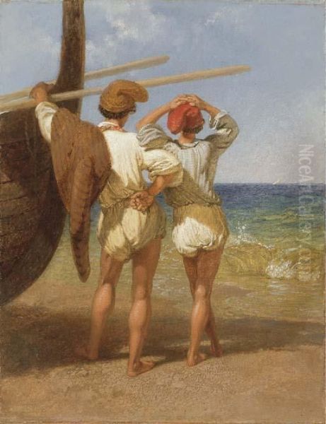 Italian Fishermen On The Shore Oil Painting by Penry Williams