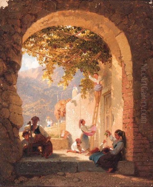 The Grape Pickers; And Figures In An Extensive Landscape Oil Painting by Penry Williams