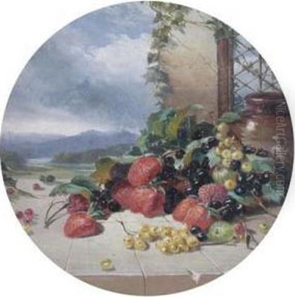 Still Life Of Berries On A Terrace, A Landscape Beyond Oil Painting by William Williams