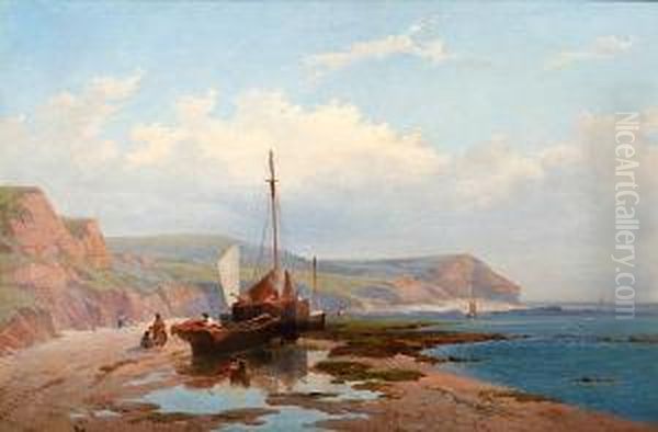 Coastal Scene With Beached Fishing Boat Oil Painting by William Williams