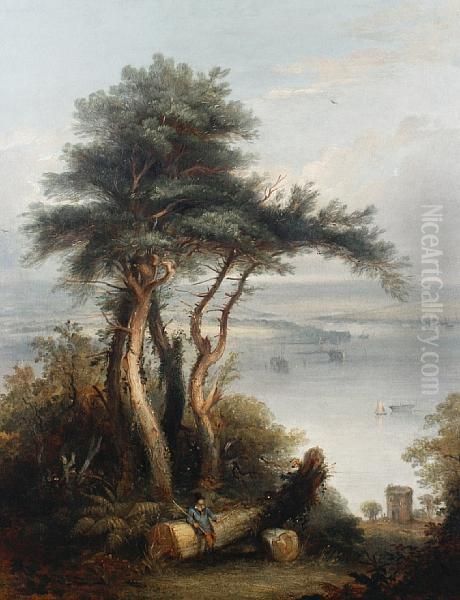 A Figure Leaning On A Treetrunk With Boats In An Estuary Beyond Oil Painting by William Williams