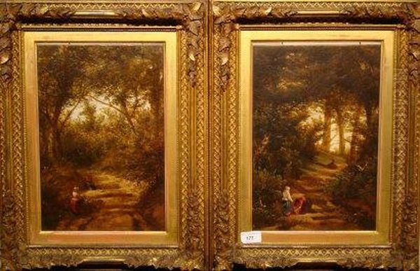 Two Woodland Scenes With Stepped Pathway And Female Figures Oil Painting by William Williams