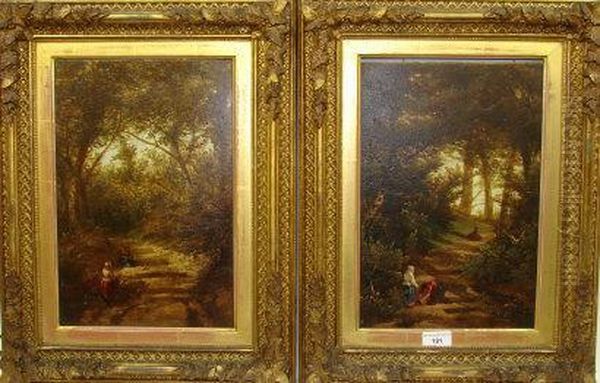 Two Woodland Scenes With Stepped Pathway And Female Figures Oil Painting by William Williams