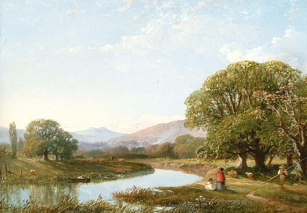 River Landscape With Figures On The Bank Oil Painting by William Williams