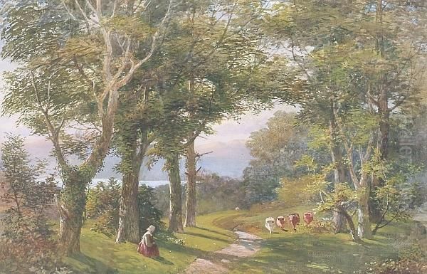 Cattle And A Figure On A Woodland Path Oil Painting by William Williams